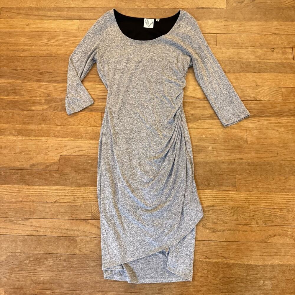 Janet Chung gray slip on ruched 3/4 sleeve midi dress size medium M
 b32